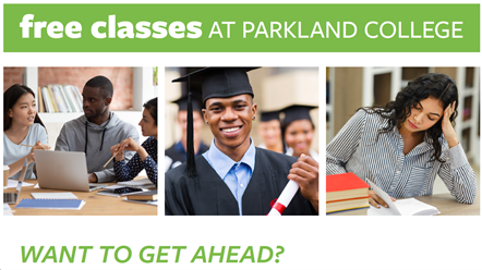 Man holding diploma text free classes at parkland want to get ahead?